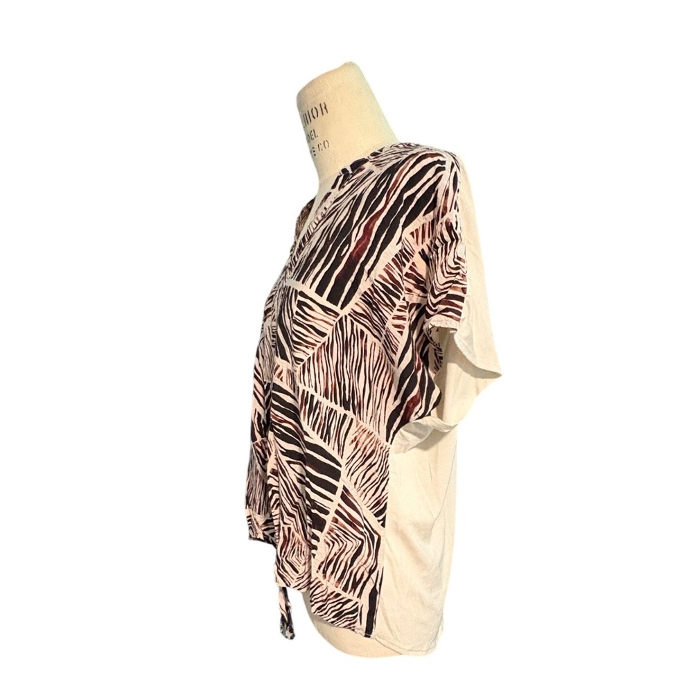 Chenault Womens Abstract Animal Print Tie Front V-Neck Top Brown Cream Large - Picture 2 of 7